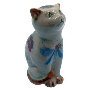 Vintage 1960s Tonala Mexico Cat Figurine  Birds & Flowers Hand-Painted Ceramic